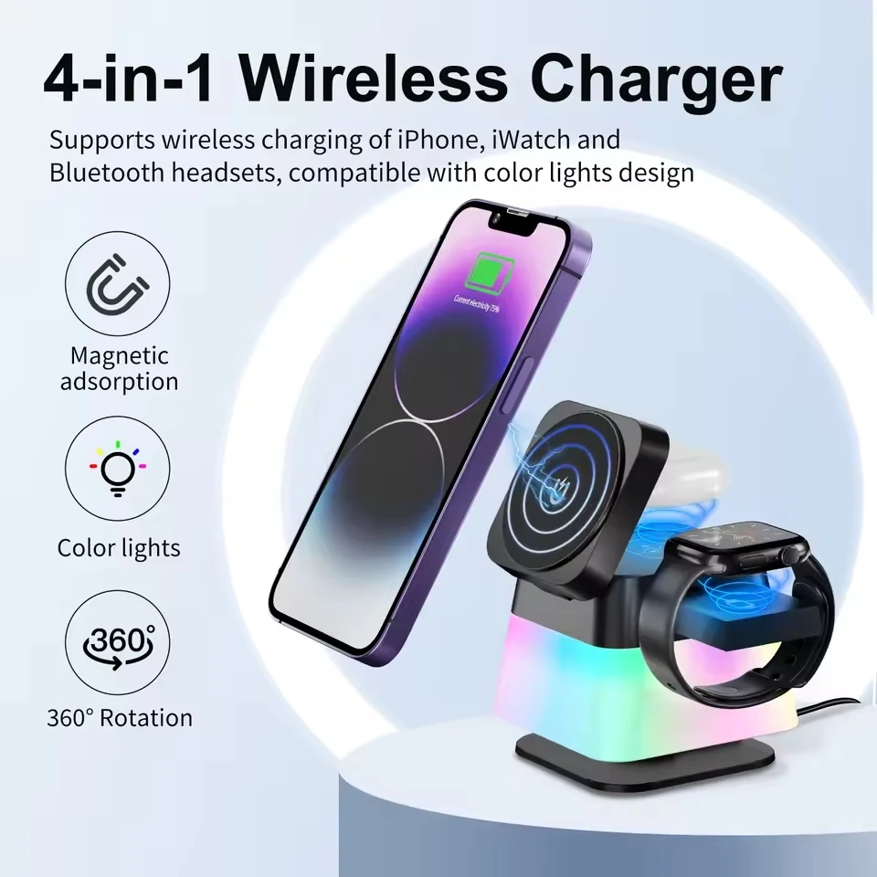 new 3 in 1 multi function 15w fast wireless charger phone stand with led light, compatible with phones, watches & earbuds new 3 in 1 multi function 15w fast wireless charger phone stand with led light, compatible with phones, watches & earbuds