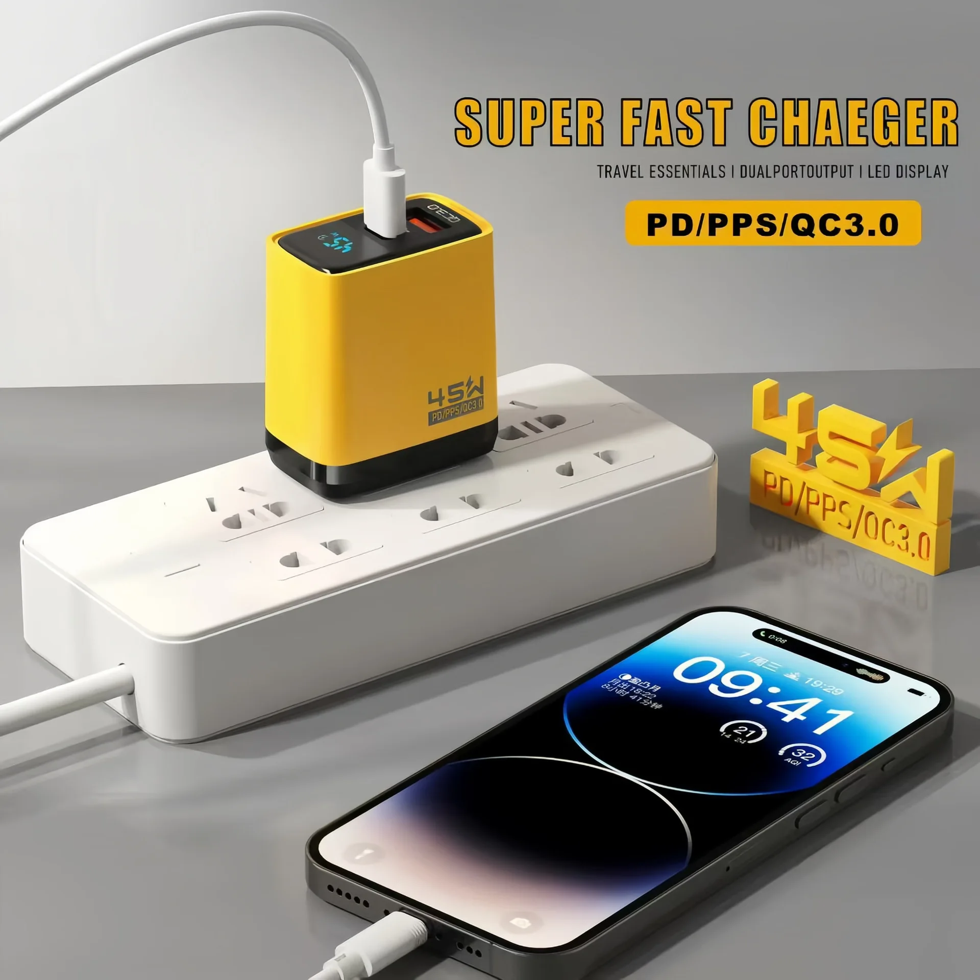 45w intelligent digital display charge c multi port type c qc3.0 fast charging pc+abs material universal usb a charger adapter 45w intelligent digital display charge c multi port type c qc3.0 fast charging pc+abs material universal usb a charger adapter