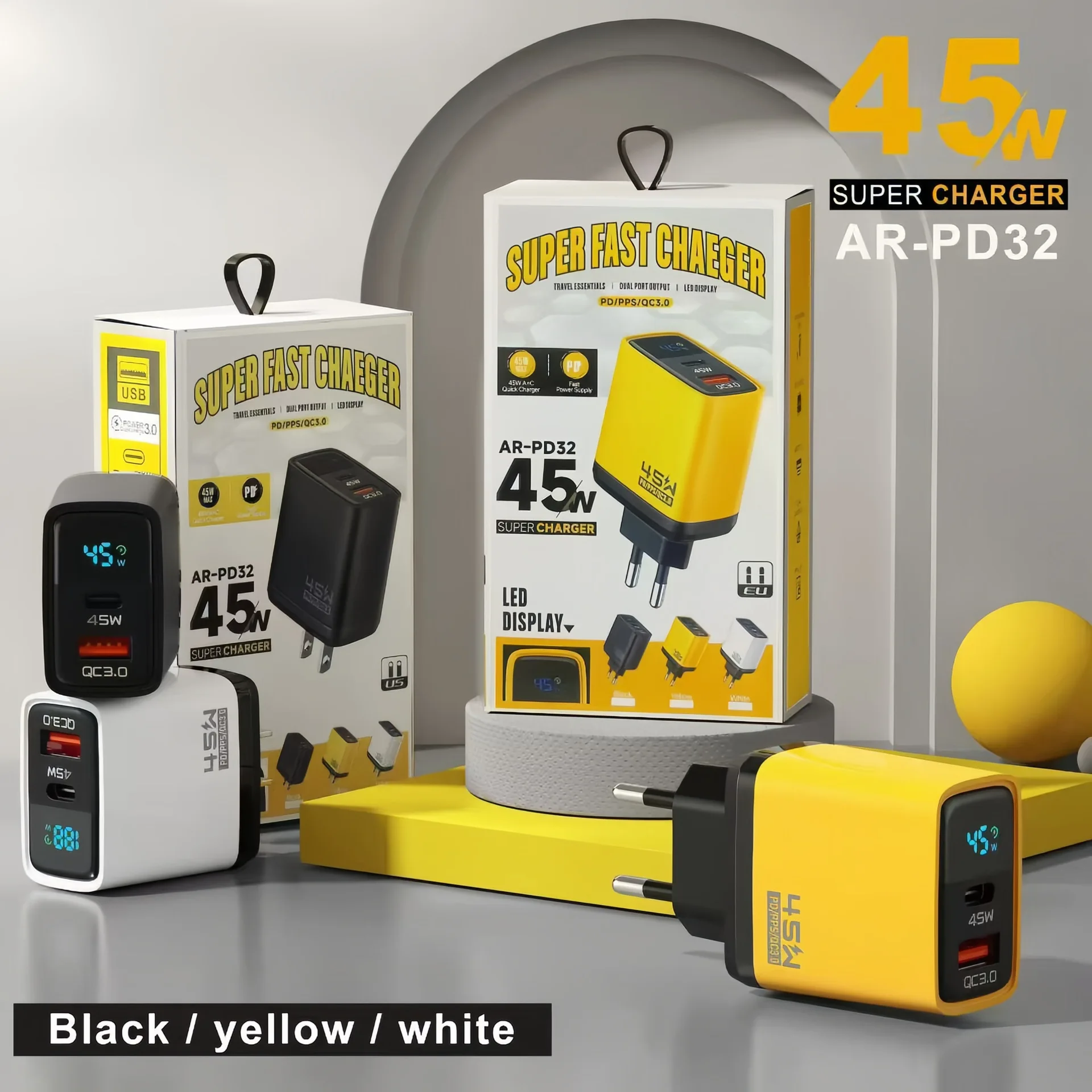 45w intelligent digital display charge c multi port type c qc3.0 fast charging pc+abs material universal usb a charger adapter 45w intelligent digital display charge c multi port type c qc3.0 fast charging pc+abs material universal usb a charger adapter