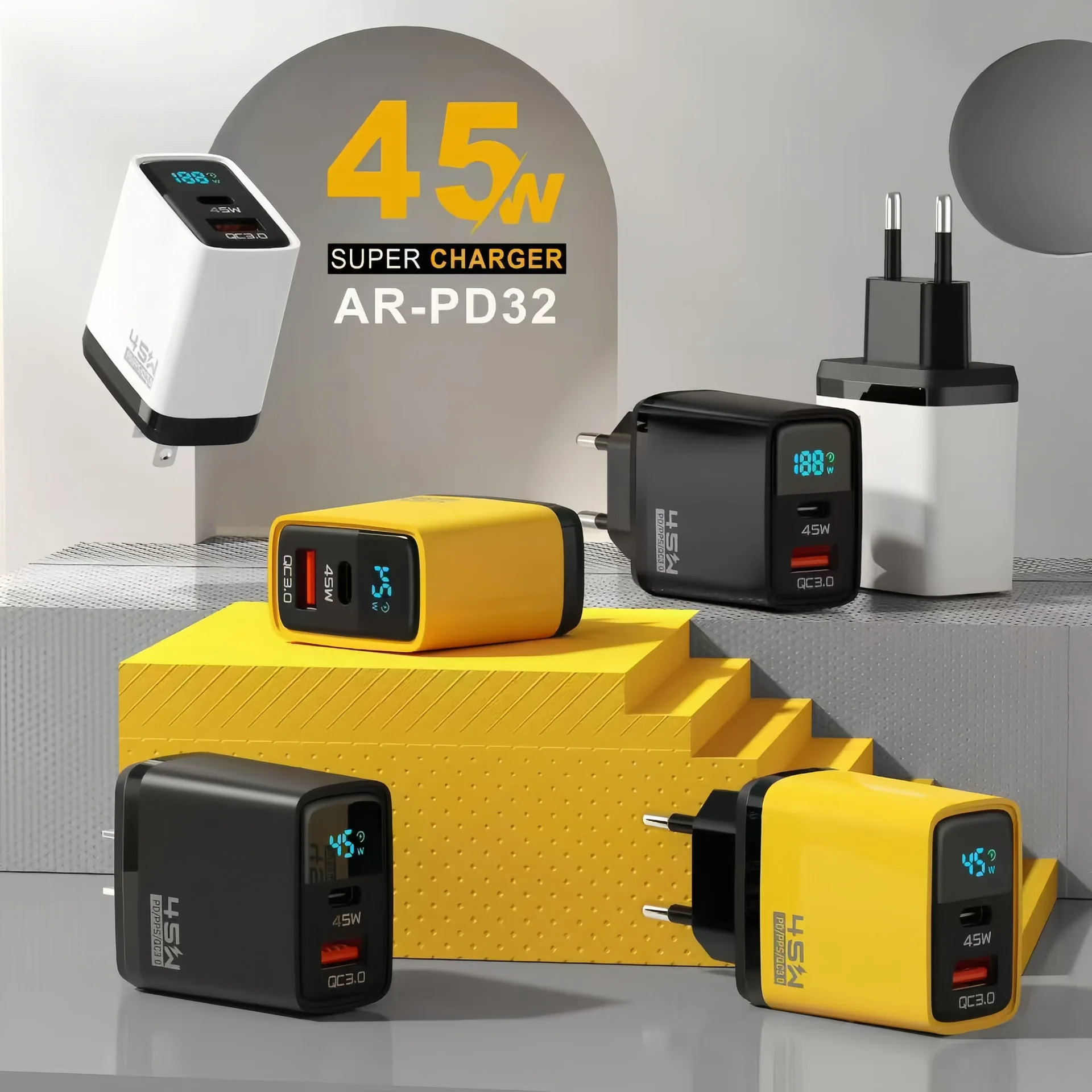 45w intelligent digital display charge c multi port type c qc3.0 fast charging pc+abs material universal usb a charger adapter 45w intelligent digital display charge c multi port type c qc3.0 fast charging pc+abs material universal usb a charger adapter