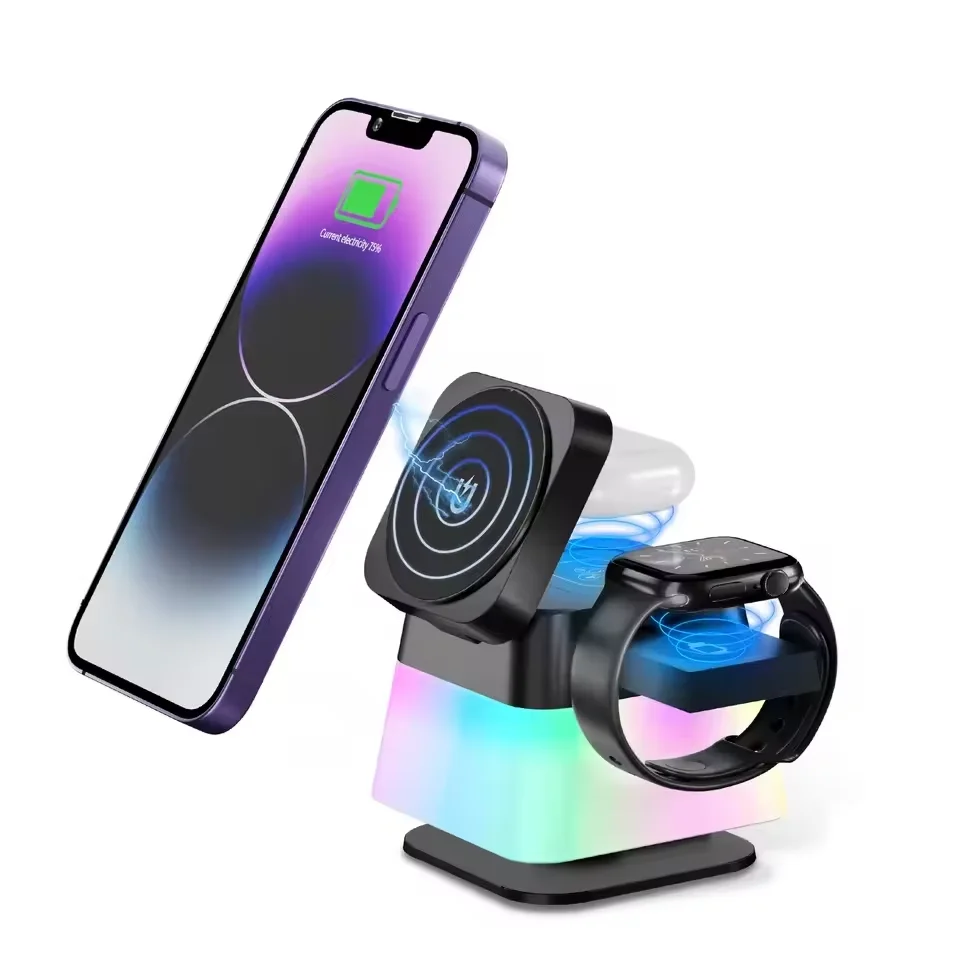 new 3 in 1 multi function 15w fast wireless charger phone stand with led light, compatible with phones, watches & earbuds new 3 in 1 multi function 15w fast wireless charger phone stand with led light, compatible with phones, watches & earbuds